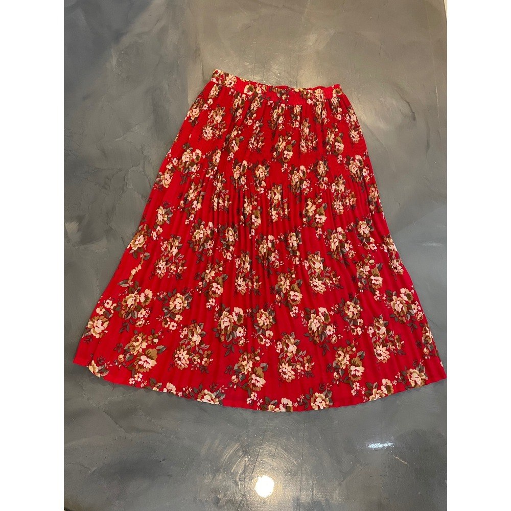 VTG Sag Harbor Red Floral Micro Pleated  Midi Skirt Pull On M Office Cottagecore